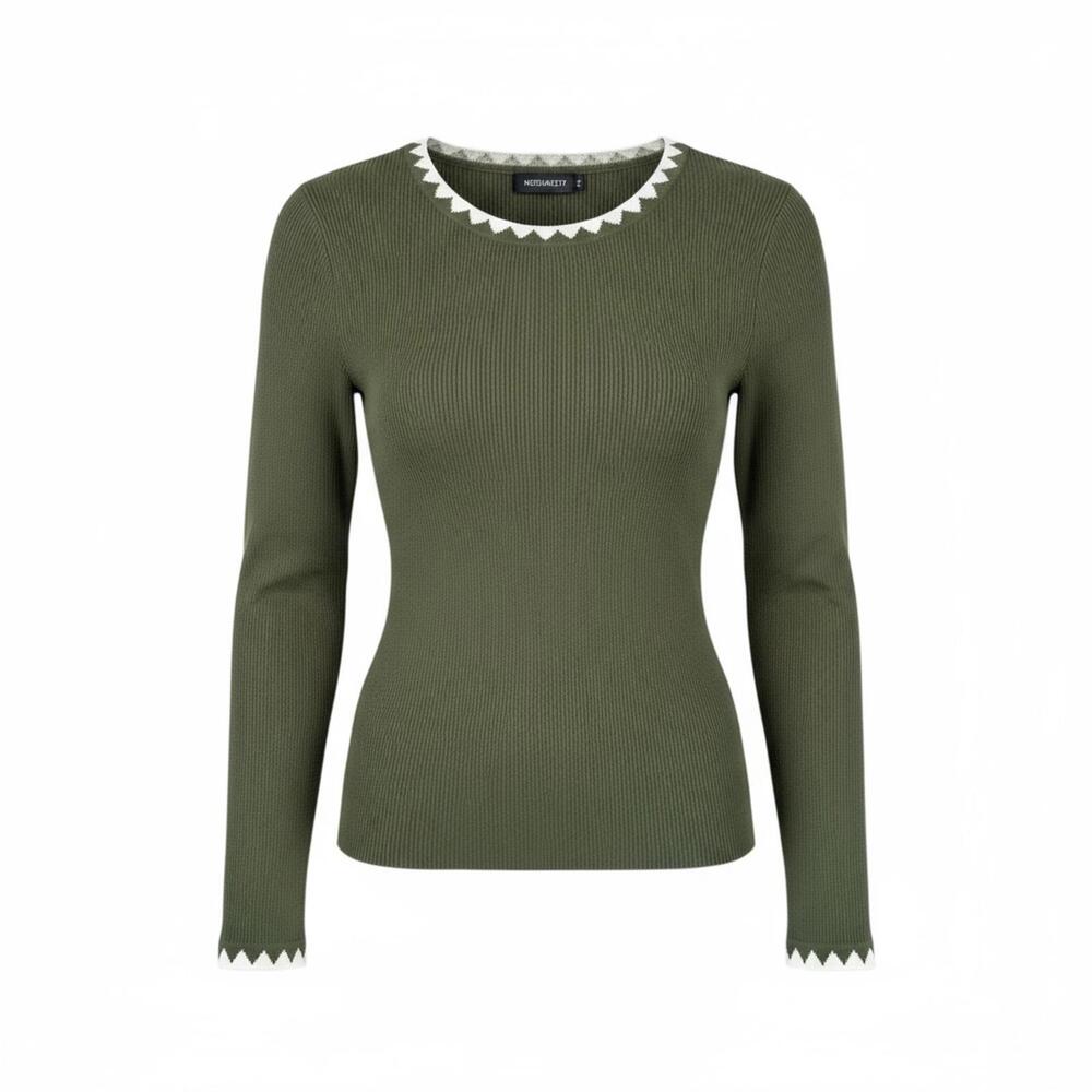 Merokeety Olive Green Long Sleeve Ribbed Sweater‎ with White Trim XL